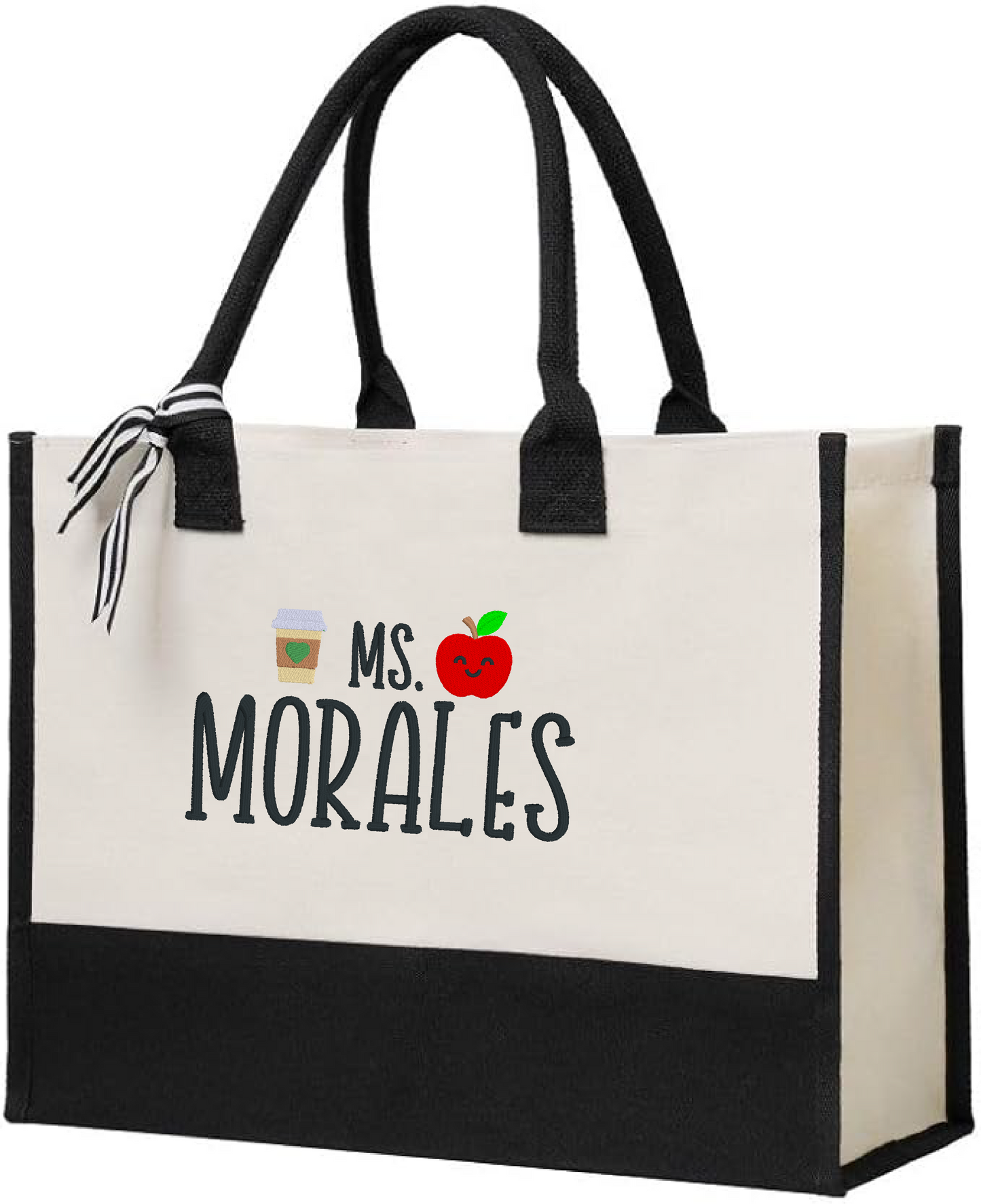 Tote bag with 'Ms. Morales' text and graphics on a white background
