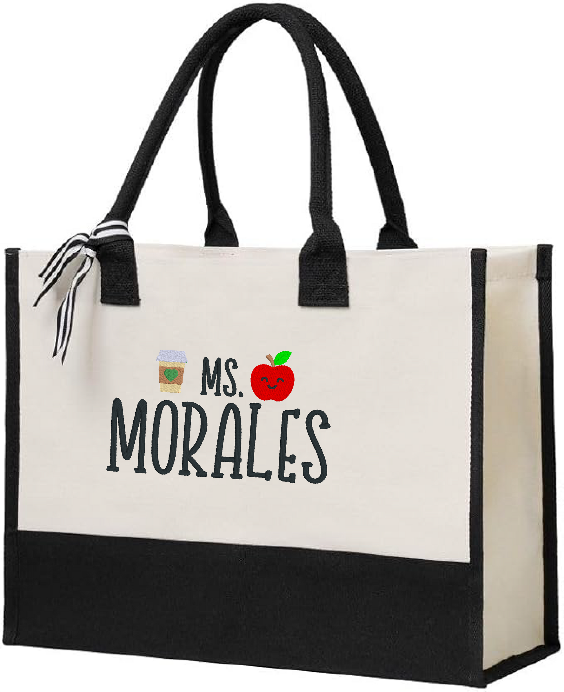 Tote bag with 'Ms. Morales' text and graphics on a white background